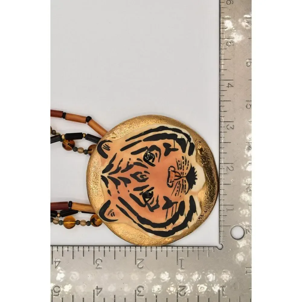 Carol Halmy Vintage Ceramic Beaded Necklace Hand Made Tiger Golden Signed Bin4A